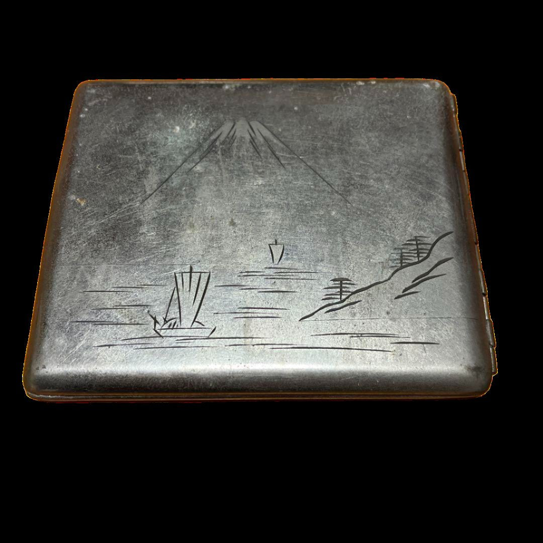 Vintage Showa Era Engraved Mount Fuji and Sailboats Cigarette Case