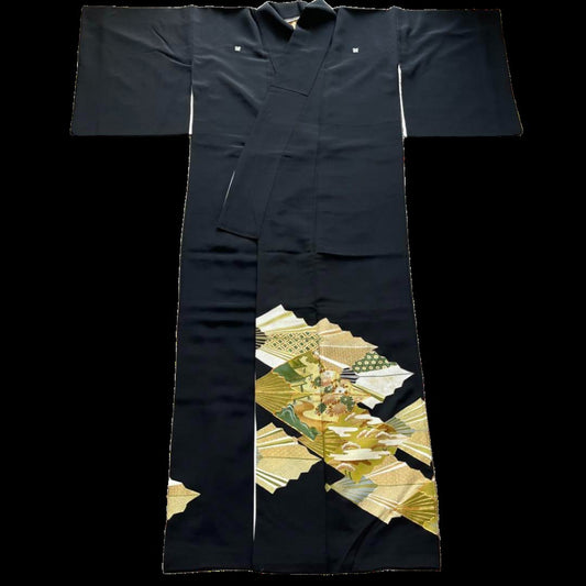 70s Black Tomesode Kimono with Fan Design – US Medium