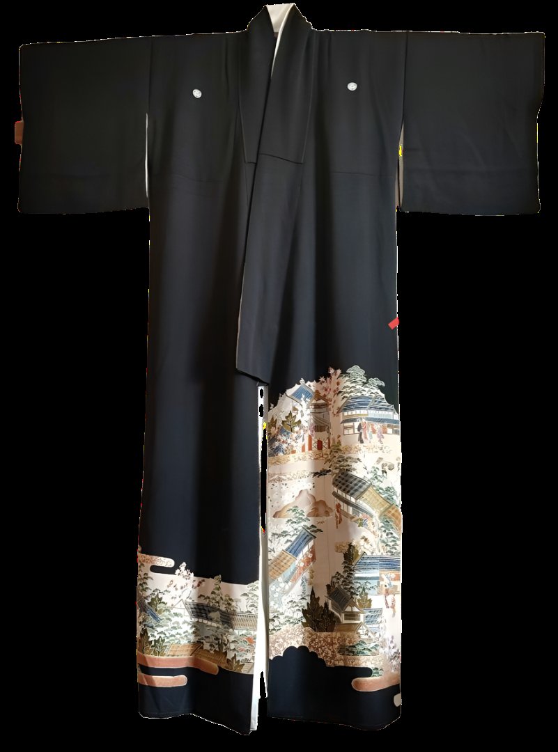 1960s-70s Black Tomesode Kimono with Kiku Mon – US Medium