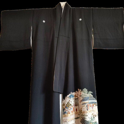 1960s-70s Black Tomesode Kimono with Kiku Mon – US Medium