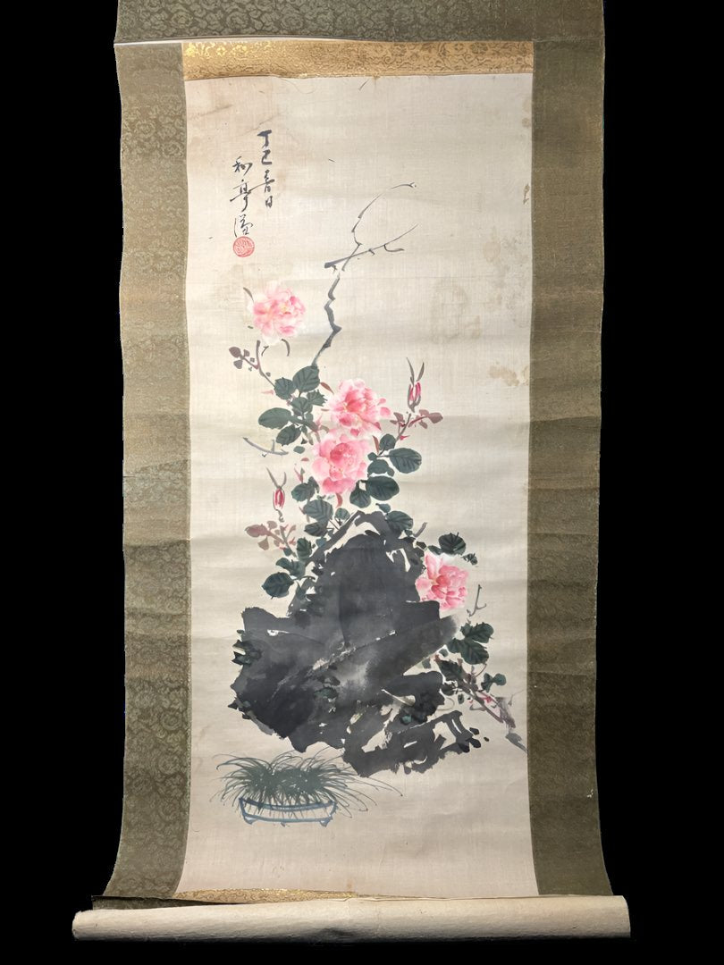 Meiji or Taisho Period Hand-Painted Scroll, Peony Spring Design