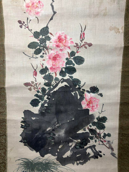 Meiji or Taisho Period Hand-Painted Scroll, Peony Spring Design