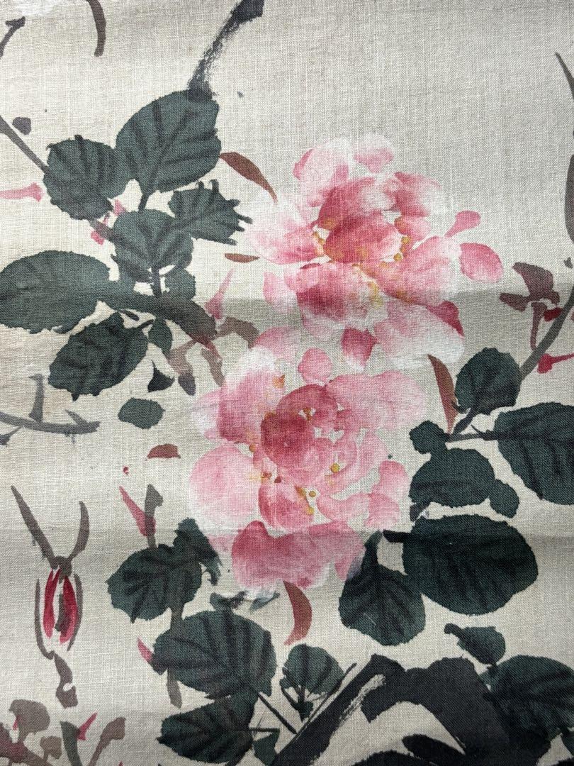 Meiji or Taisho Period Hand-Painted Scroll, Peony Spring Design