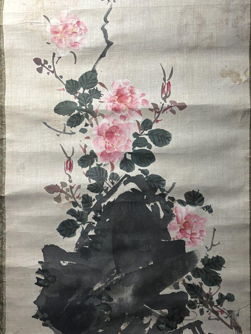 Meiji or Taisho Period Hand-Painted Scroll, Peony Spring Design