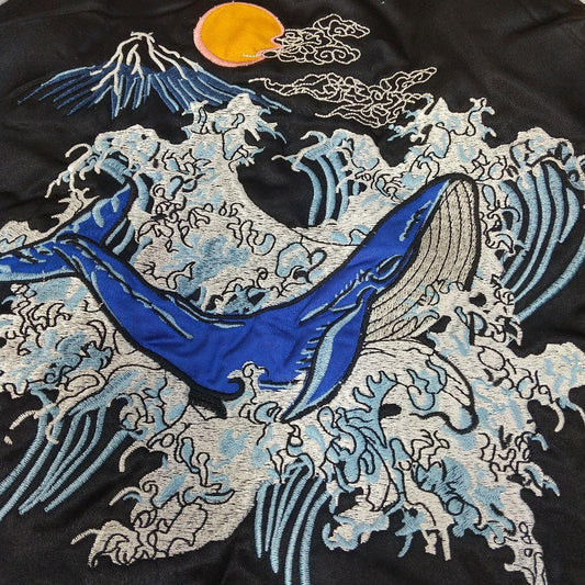 Early 2000s Otokogi Padded Sukajan Jacket with Embroidered Whale, Fuji, and Sakura, US Men's Medium