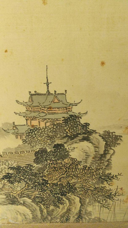 Meiji-era Painting by Nanga Artist Matsuo Bansui - "Waves at Gakuyo Tower" - Hanging Scroll