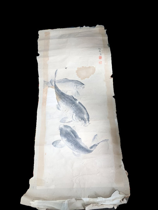 Edo-era Painting by Inoka - "Carp in a Stream" - Hand-painted on Paper